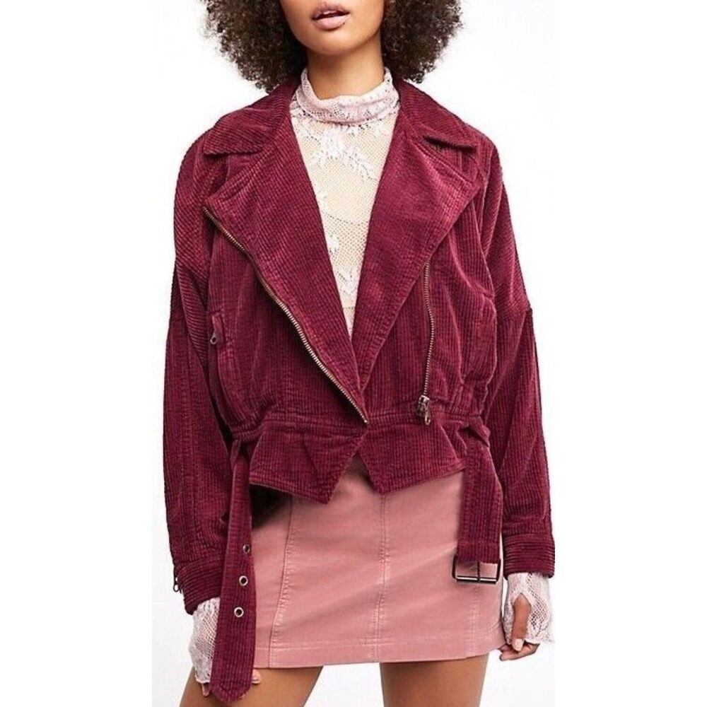 Free People Corduroy Moto Jacket XS Merlot Slouchy Dolman Edgy Grunge Biker Boho